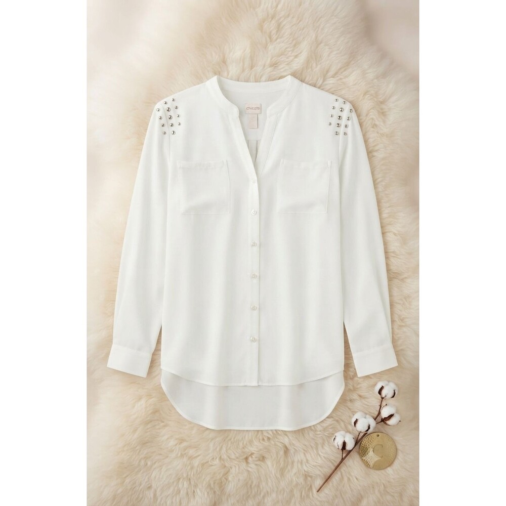 Chico’s Women’s 1 (M) White Studded Rhinestone Shoulder Blouse Flowy Career Chic